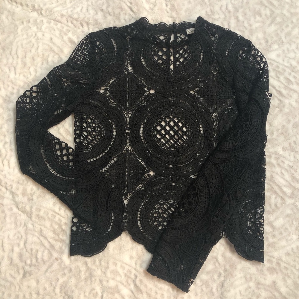 Black Lace High Neck Long Sleeve Shirt